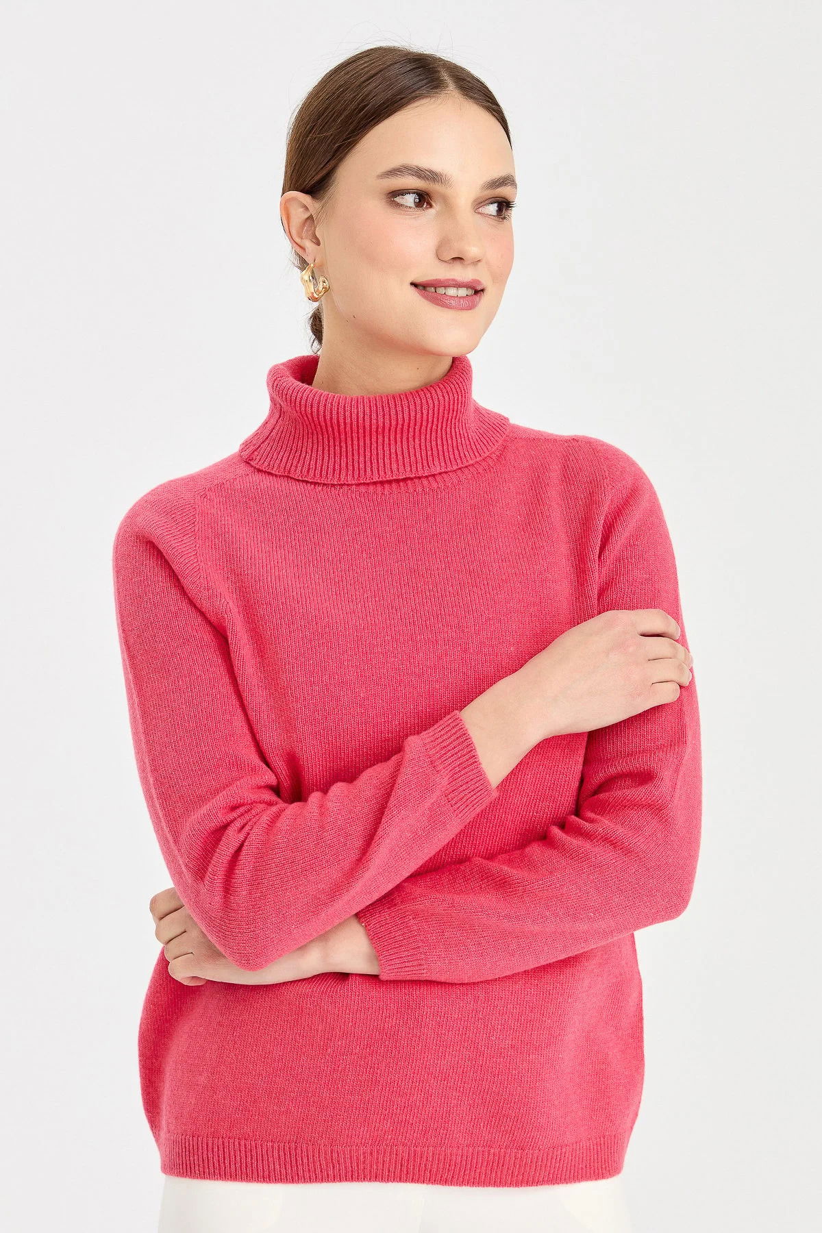 Desen Triko Kadın Tam Balıkçı Yaka Klasik Yün Kazak 23164 Şeker Pembe - 1