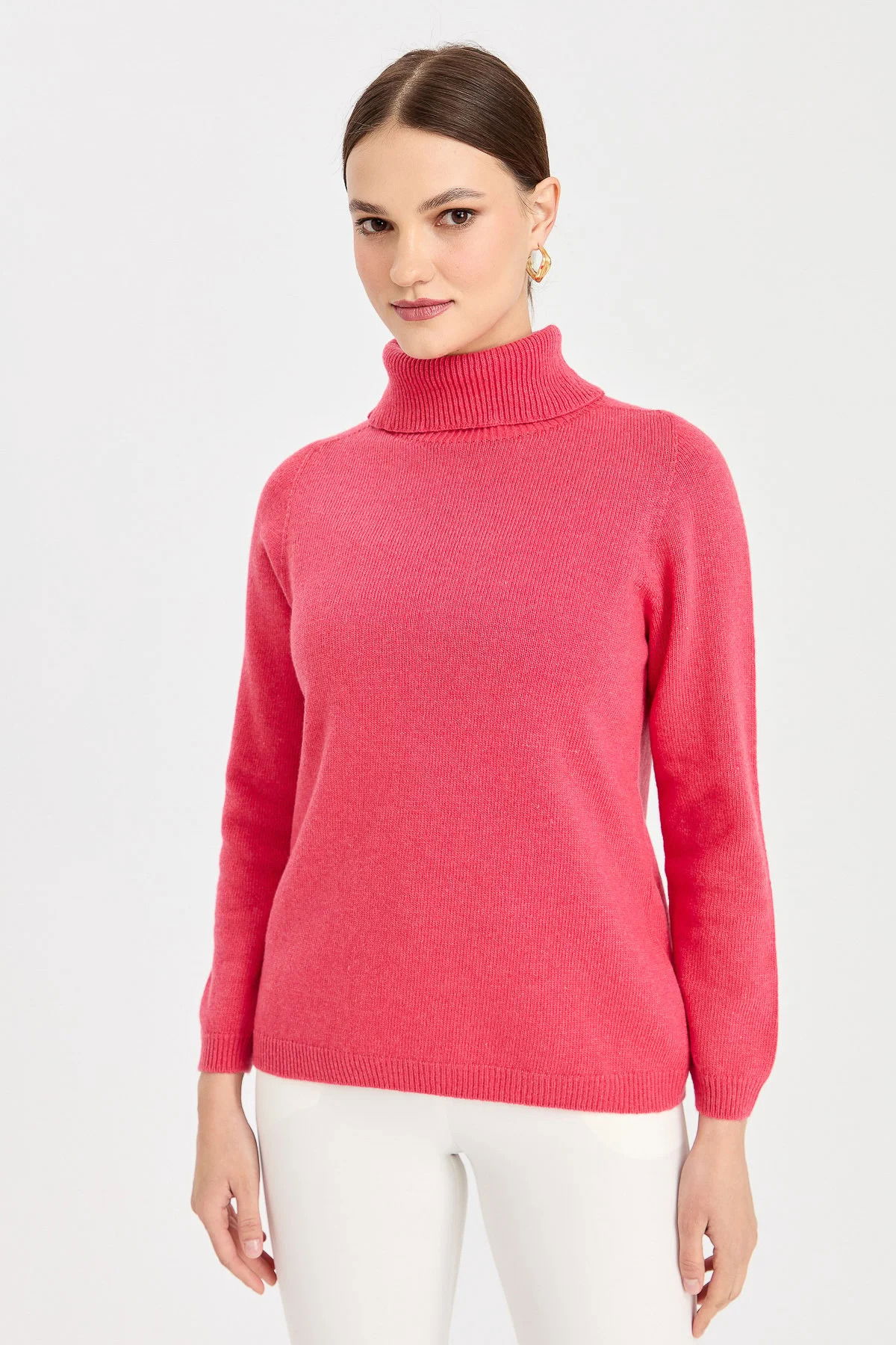 Desen Triko Kadın Tam Balıkçı Yaka Klasik Yün Kazak 23164 Şeker Pembe - 3