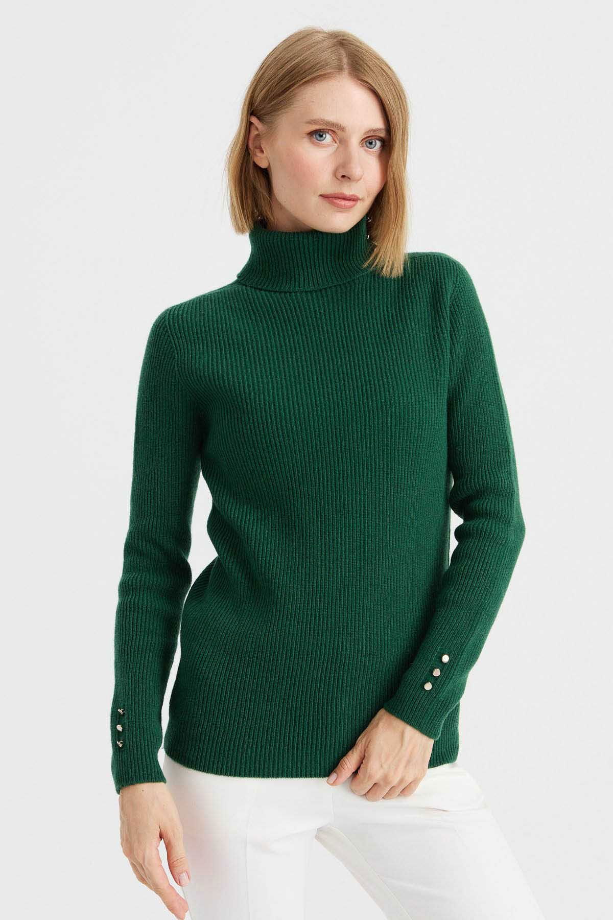 Desen Triko Kadın Tam Balıkçı Yaka Kol Ucu Düğmeli Yün Kazak 23159 A.Ö. Başı - 1