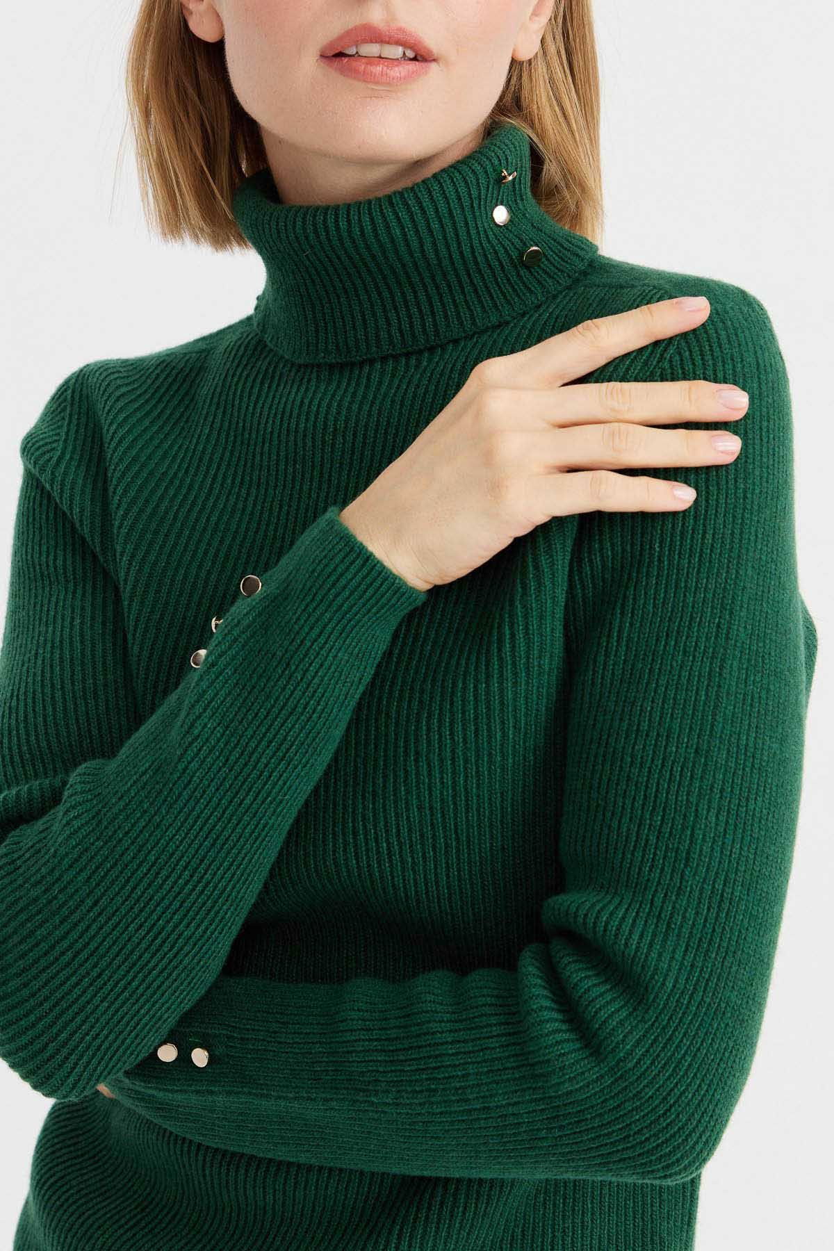 Desen Triko Kadın Tam Balıkçı Yaka Kol Ucu Düğmeli Yün Kazak 23159 A.Ö. Başı - 4