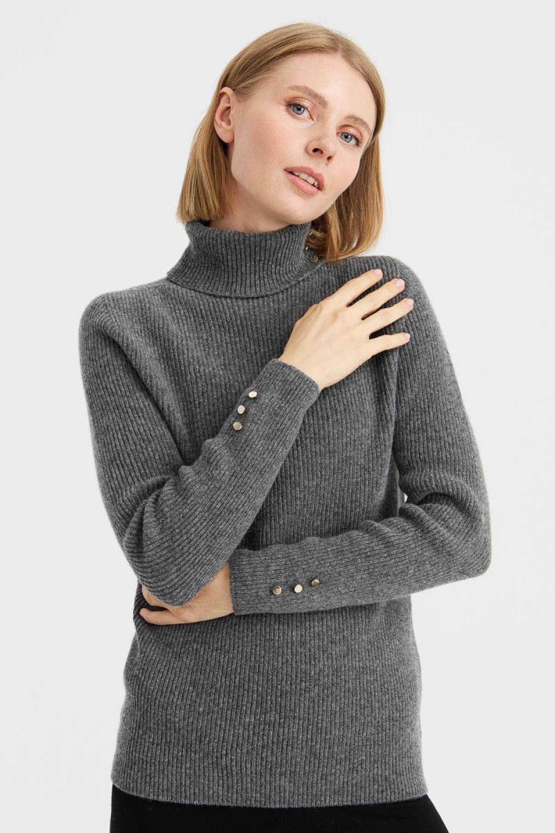 Desen Triko Kadın Tam Balıkçı Yaka Kol Ucu Düğmeli Yün Kazak 23159 Füme 