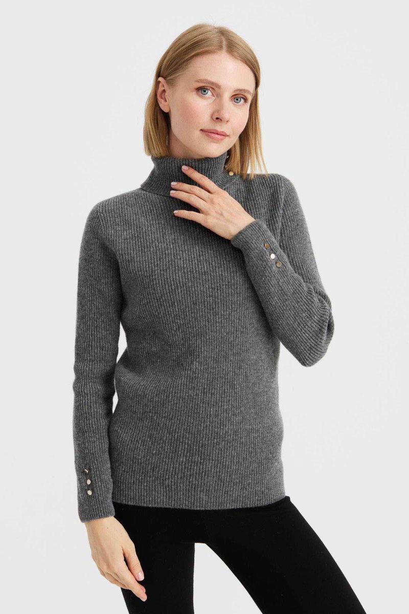 Desen Triko Kadın Tam Balıkçı Yaka Kol Ucu Düğmeli Yün Kazak 23159 Füme - 2