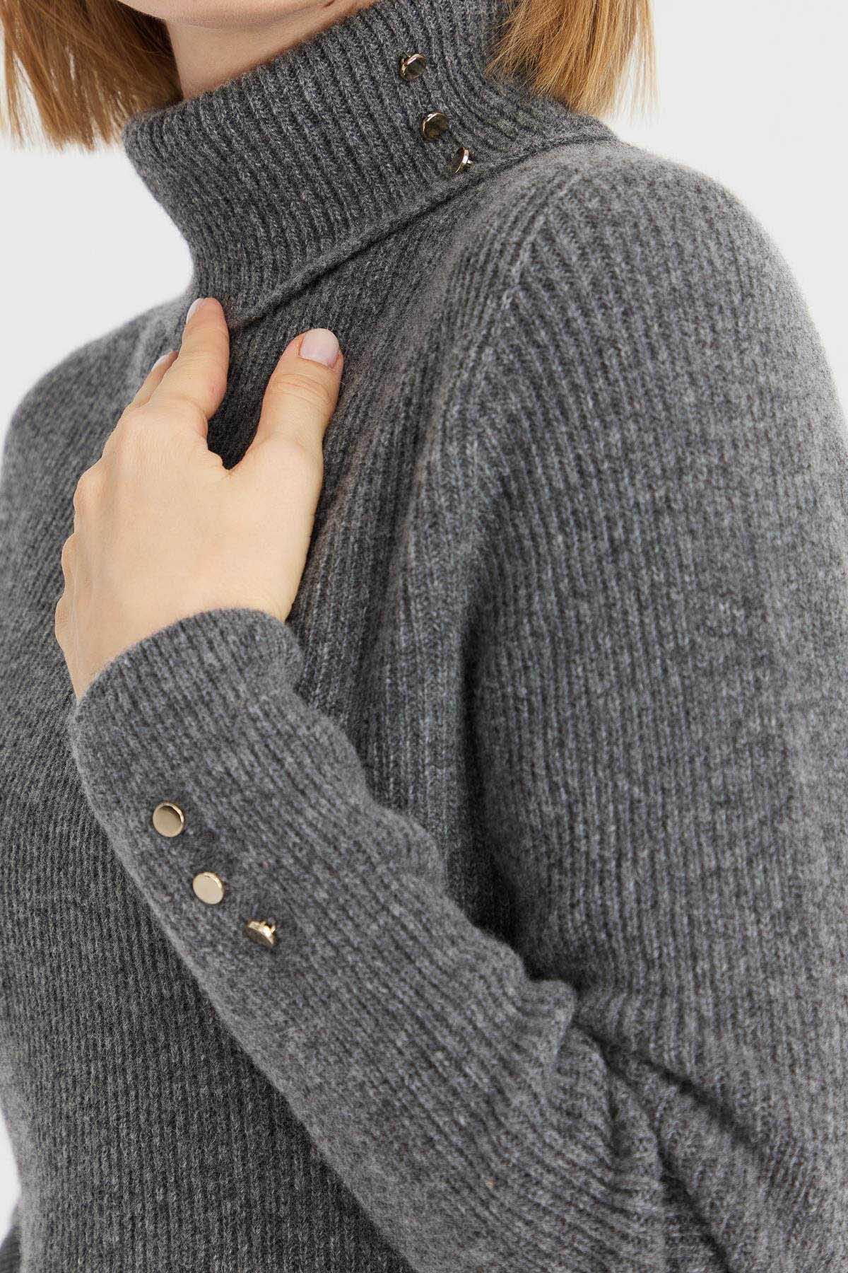 Desen Triko Kadın Tam Balıkçı Yaka Kol Ucu Düğmeli Yün Kazak 23159 Füme - 3