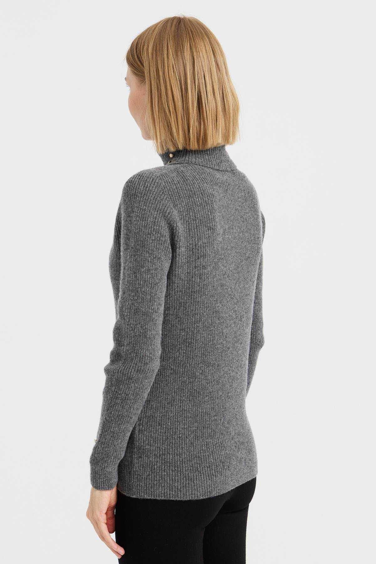 Desen Triko Kadın Tam Balıkçı Yaka Kol Ucu Düğmeli Yün Kazak 23159 Füme - 5