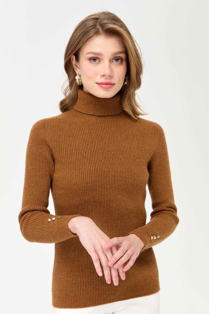 Desen Triko Kadın Tam Balıkçı Yaka Kol Ucu Düğmeli Yün Kazak 23159 K.Taba - Desen Triko