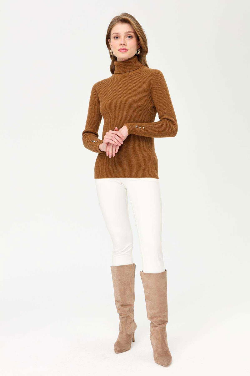 Desen Triko Kadın Tam Balıkçı Yaka Kol Ucu Düğmeli Yün Kazak 23159 K.Taba - 2