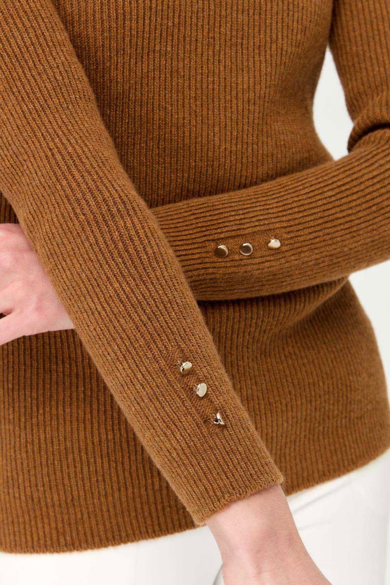 Desen Triko Kadın Tam Balıkçı Yaka Kol Ucu Düğmeli Yün Kazak 23159 K.Taba - 3