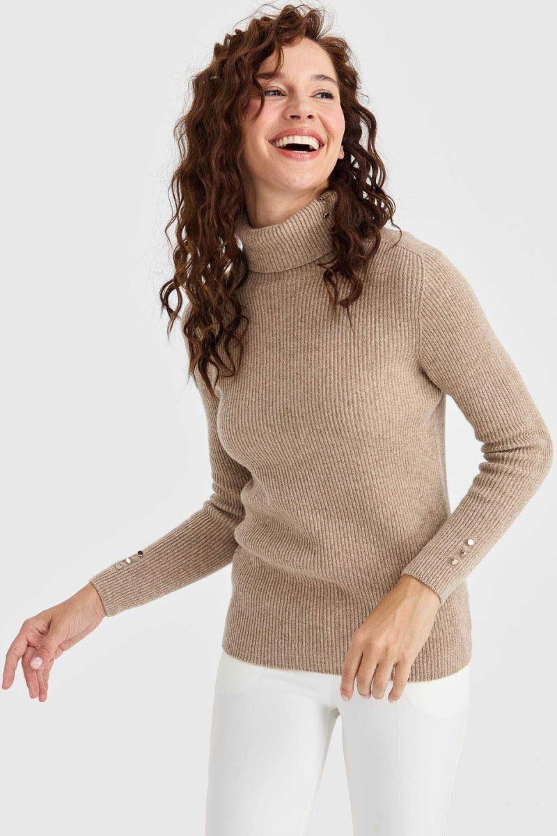 Desen Triko Kadın Tam Balıkçı Yaka Kol Ucu Düğmeli Yün Kazak 23159 K. Bej - Desen Triko