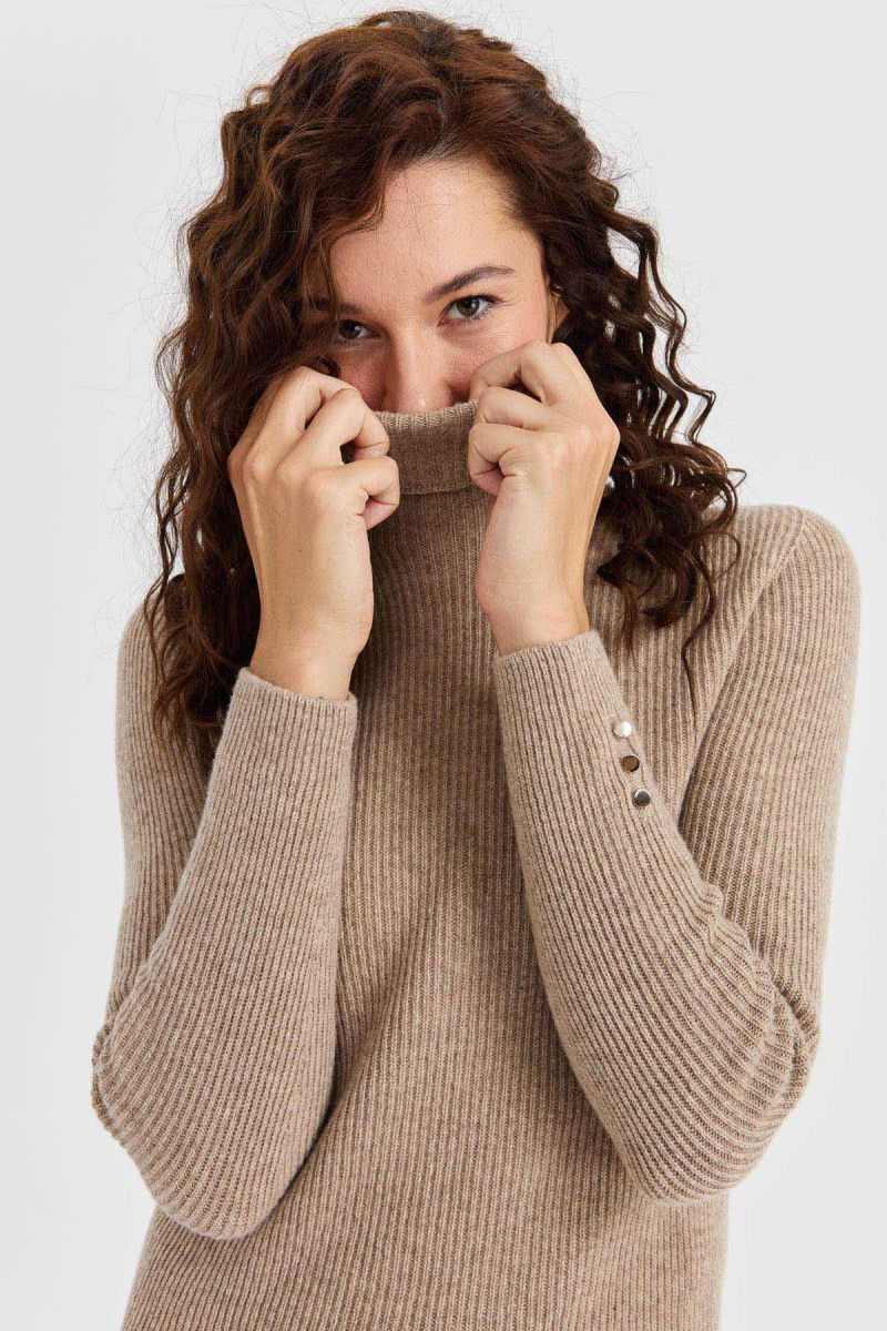 Desen Triko Kadın Tam Balıkçı Yaka Kol Ucu Düğmeli Yün Kazak 23159 K. Bej - 3