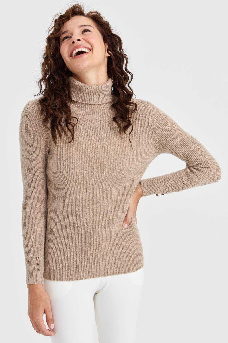 Desen Triko Kadın Tam Balıkçı Yaka Kol Ucu Düğmeli Yün Kazak 23159 K. Bej - 4
