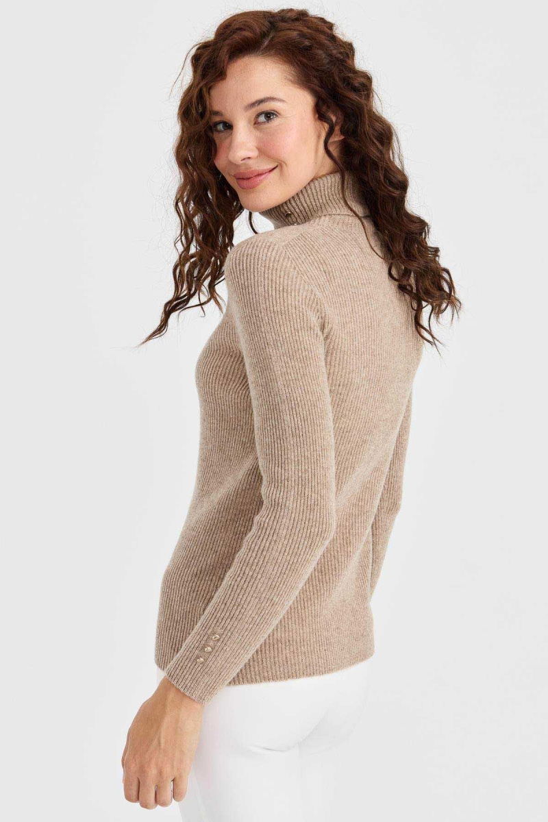 Desen Triko Kadın Tam Balıkçı Yaka Kol Ucu Düğmeli Yün Kazak 23159 K. Bej - 5