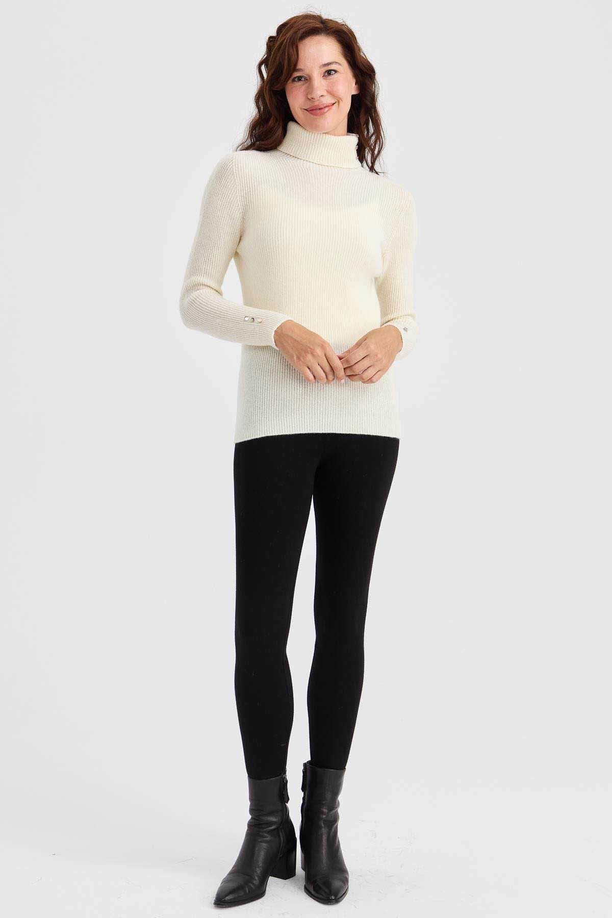 Desen Triko Kadın Tam Balıkçı Yaka Kol Ucu Düğmeli Yün Kazak 23159 Kemik - 2