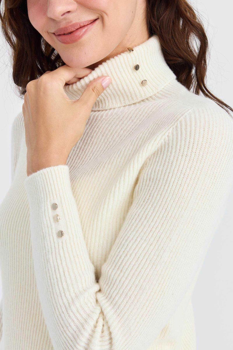 Desen Triko Kadın Tam Balıkçı Yaka Kol Ucu Düğmeli Yün Kazak 23159 Kemik - 3