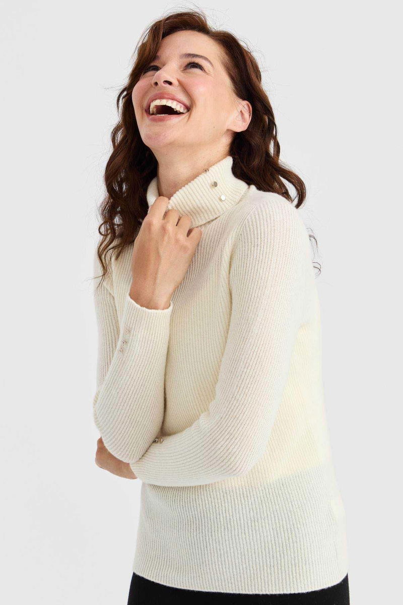 Desen Triko Kadın Tam Balıkçı Yaka Kol Ucu Düğmeli Yün Kazak 23159 Kemik - 4