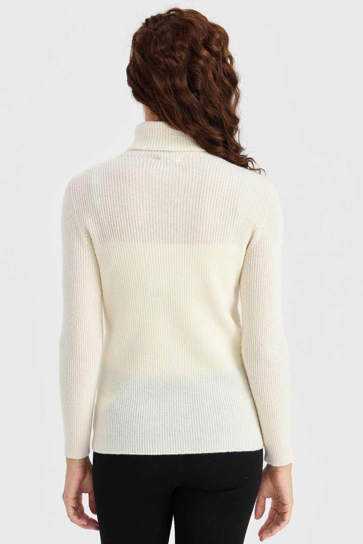 Desen Triko Kadın Tam Balıkçı Yaka Kol Ucu Düğmeli Yün Kazak 23159 Kemik - 5