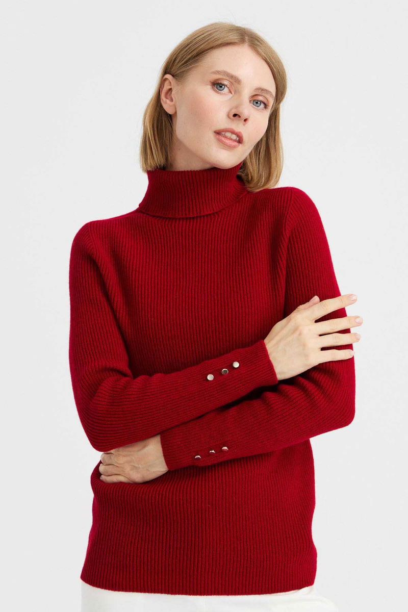 Desen Triko Kadın Tam Balıkçı Yaka Kol Ucu Düğmeli Yün Kazak 23159 K.Kırmızı 