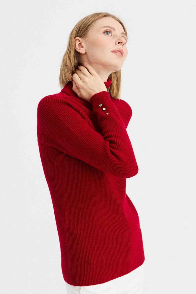 Desen Triko Kadın Tam Balıkçı Yaka Kol Ucu Düğmeli Yün Kazak 23159 K.Kırmızı - 3