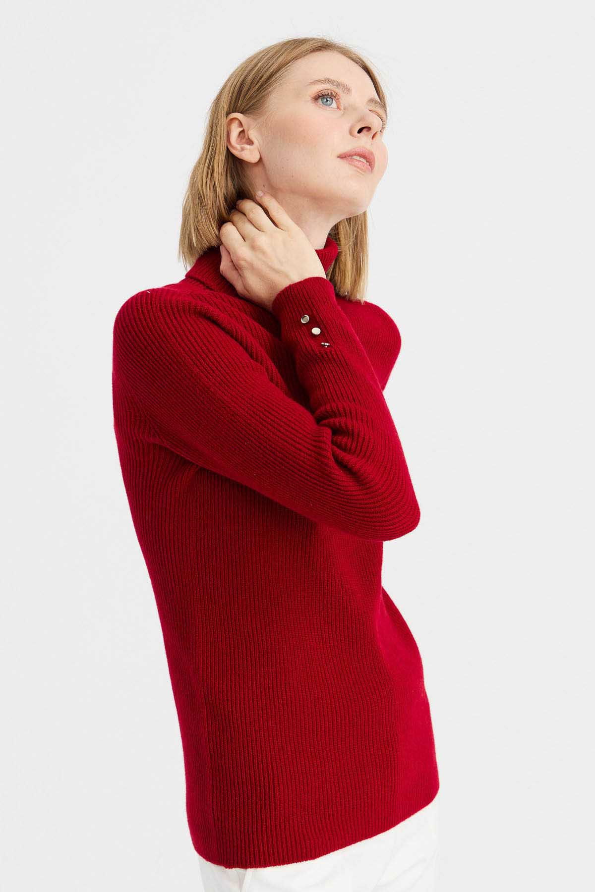 Desen Triko Kadın Tam Balıkçı Yaka Kol Ucu Düğmeli Yün Kazak 23159 K.Kırmızı - 3