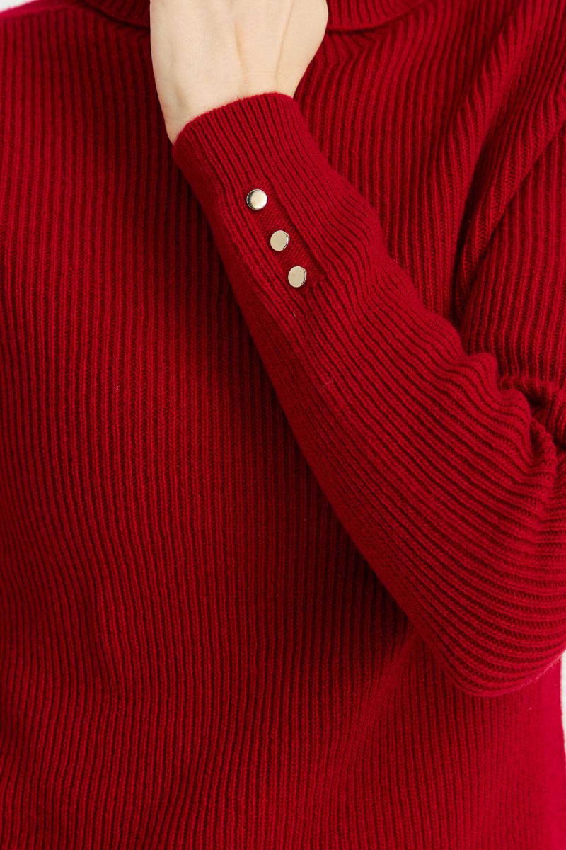 Desen Triko Kadın Tam Balıkçı Yaka Kol Ucu Düğmeli Yün Kazak 23159 K.Kırmızı - 4