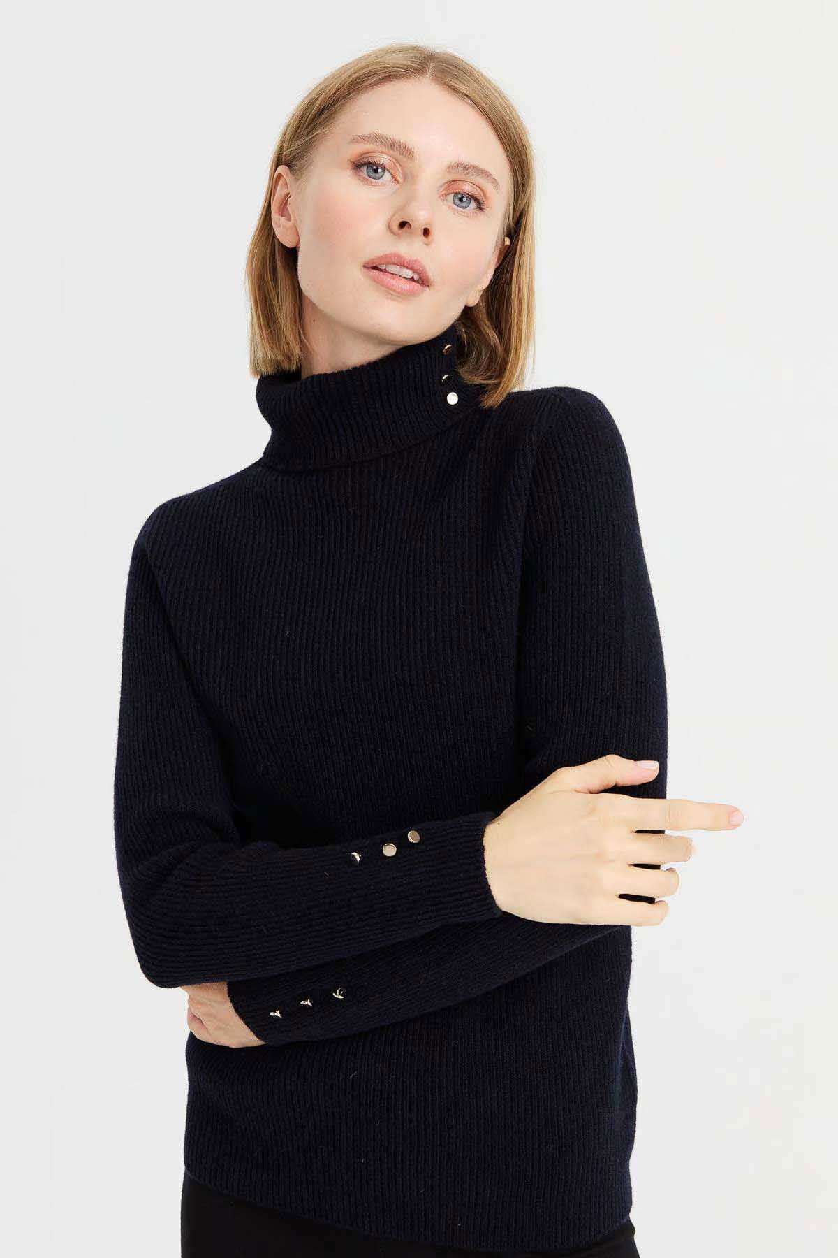 Desen Triko Kadın Tam Balıkçı Yaka Kol Ucu Düğmeli Yün Kazak 23159 Koyu Lacivert - 1