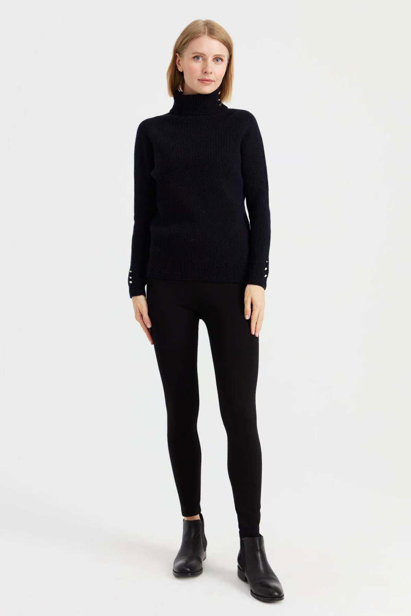 Desen Triko Kadın Tam Balıkçı Yaka Kol Ucu Düğmeli Yün Kazak 23159 Koyu Lacivert - 2