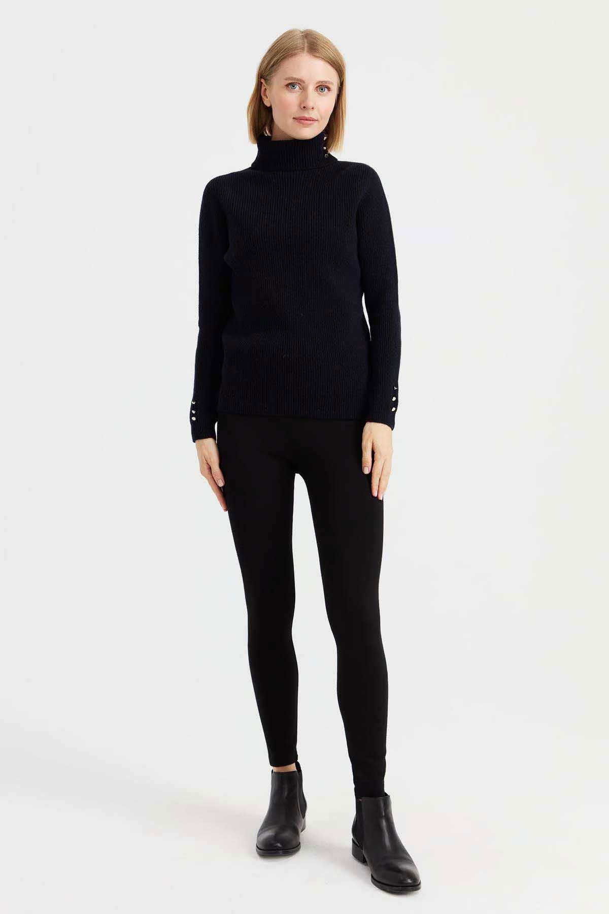 Desen Triko Kadın Tam Balıkçı Yaka Kol Ucu Düğmeli Yün Kazak 23159 Koyu Lacivert - 2