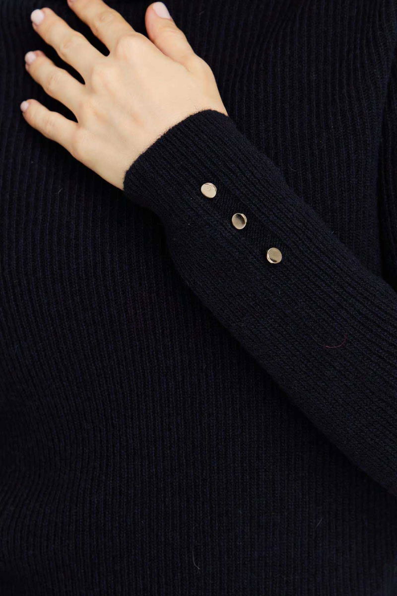 Desen Triko Kadın Tam Balıkçı Yaka Kol Ucu Düğmeli Yün Kazak 23159 Koyu Lacivert - 3