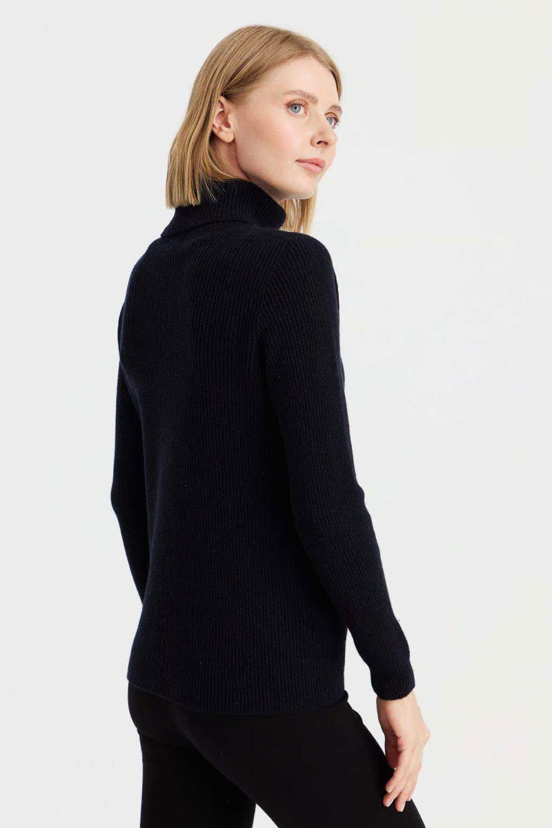 Desen Triko Kadın Tam Balıkçı Yaka Kol Ucu Düğmeli Yün Kazak 23159 Koyu Lacivert - 5