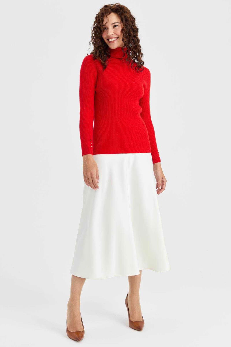 Desen Triko Kadın Tam Balıkçı Yaka Kol Ucu Düğmeli Yün Kazak 23159 Mercan - 2