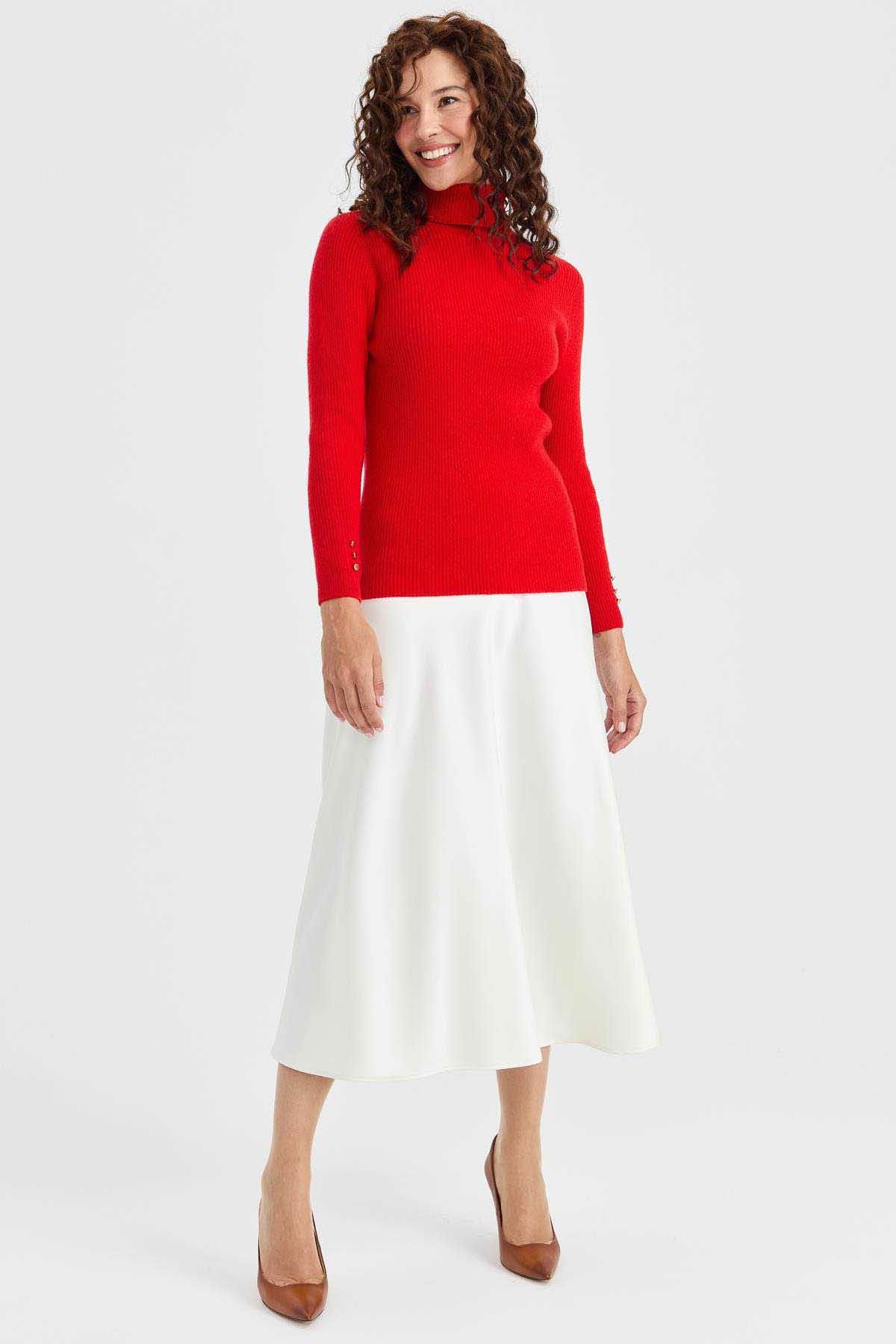 Desen Triko Kadın Tam Balıkçı Yaka Kol Ucu Düğmeli Yün Kazak 23159 Mercan - 2