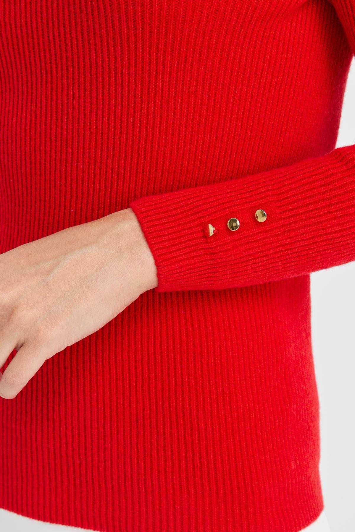 Desen Triko Kadın Tam Balıkçı Yaka Kol Ucu Düğmeli Yün Kazak 23159 Mercan - 3