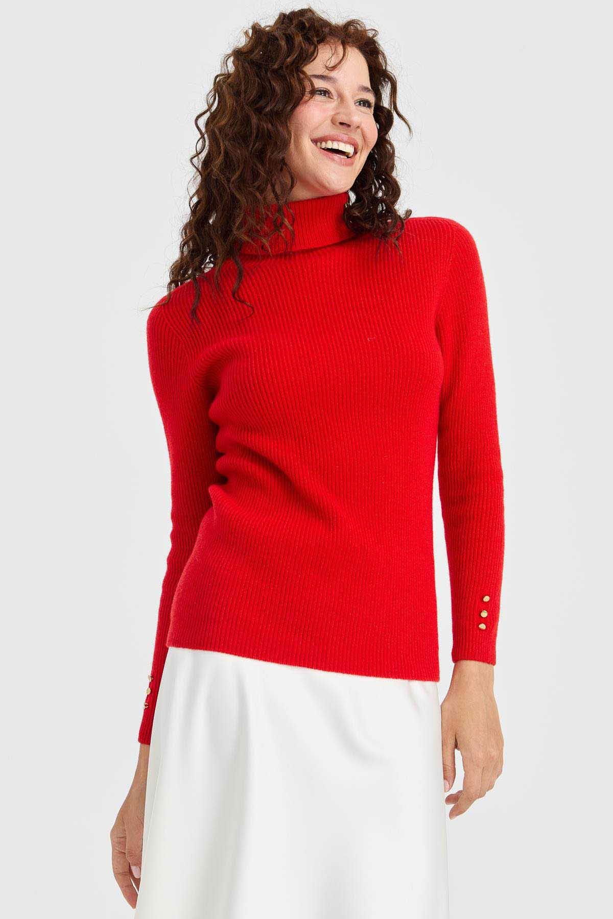 Desen Triko Kadın Tam Balıkçı Yaka Kol Ucu Düğmeli Yün Kazak 23159 Mercan - 4