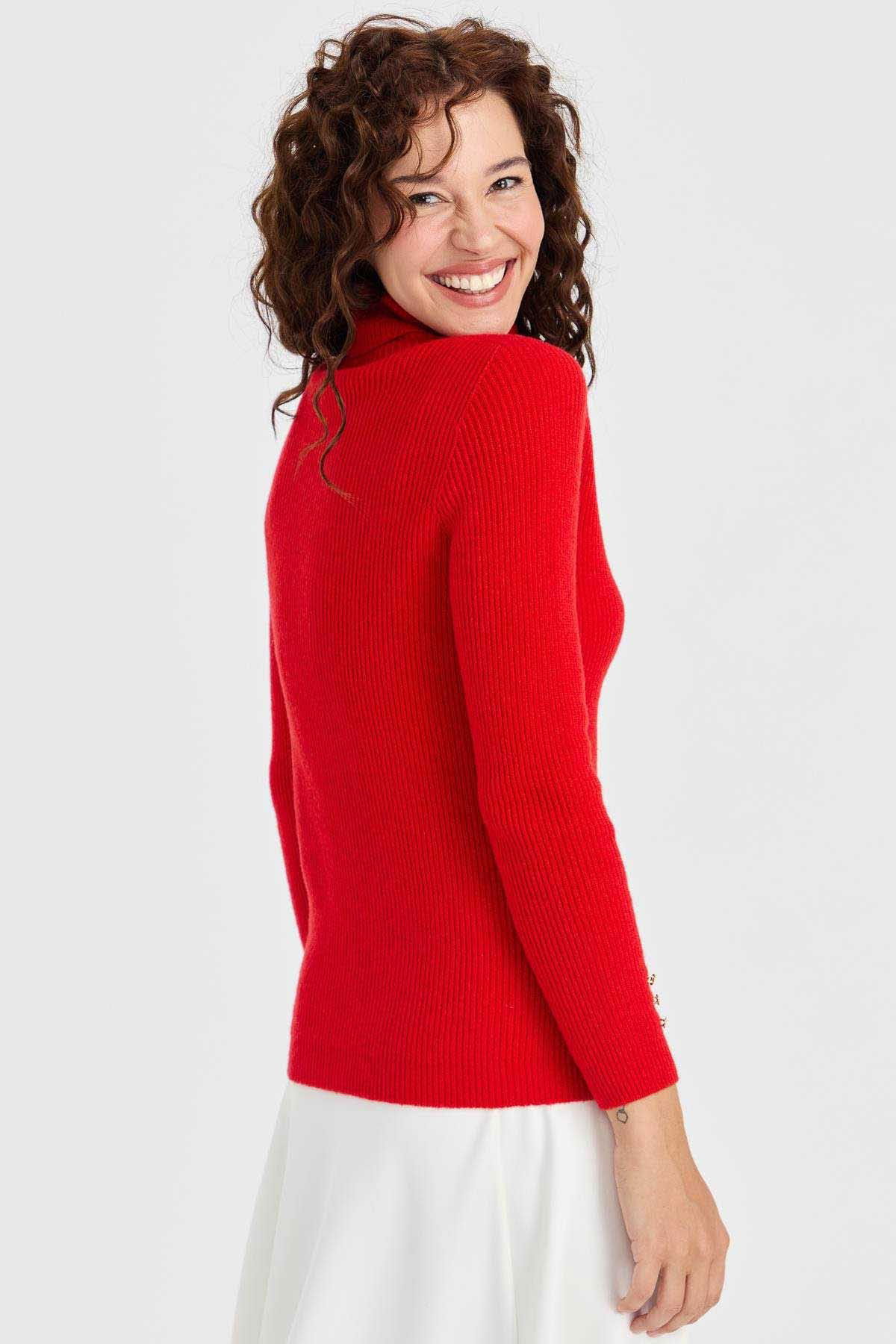 Desen Triko Kadın Tam Balıkçı Yaka Kol Ucu Düğmeli Yün Kazak 23159 Mercan - 5