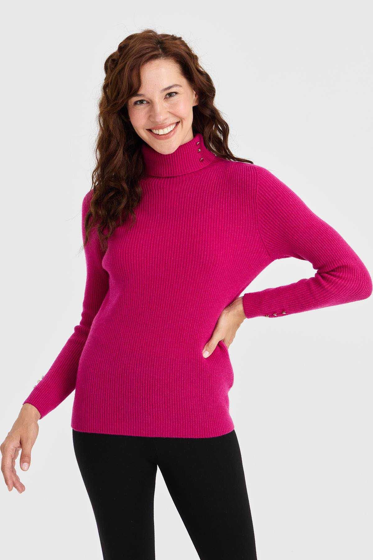 Desen Triko Kadın Tam Balıkçı Yaka Kol Ucu Düğmeli Yün Kazak 23159 Sıklamen - 1