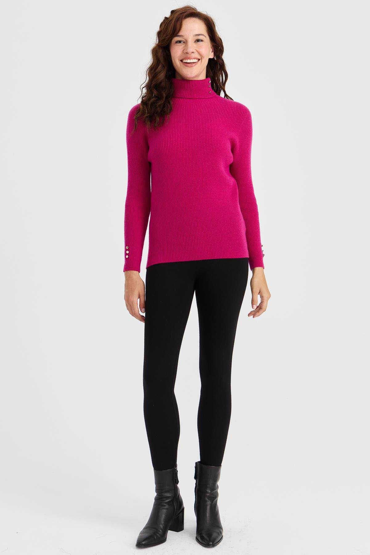 Desen Triko Kadın Tam Balıkçı Yaka Kol Ucu Düğmeli Yün Kazak 23159 Sıklamen - 2