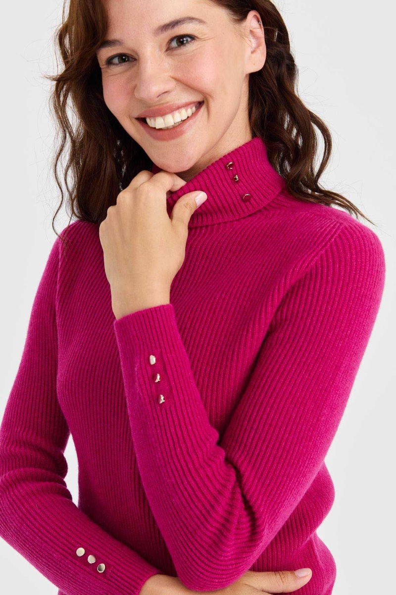 Desen Triko Kadın Tam Balıkçı Yaka Kol Ucu Düğmeli Yün Kazak 23159 Sıklamen - 3