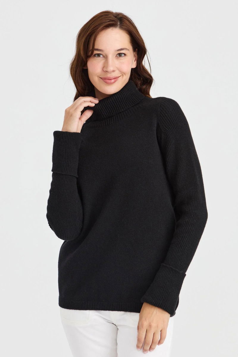 Desen Triko Kadın Tam Balıkçı Yaka Kolları Yırtmaçlı Yün Kazak 22001 Siyah - 2