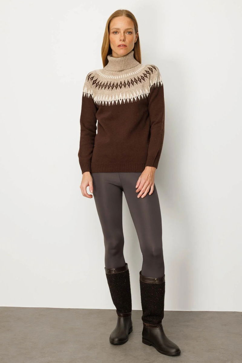 Desen Triko Kadın Tam Balıkçı Yaka Robası Baklavalı Yün Kazak 25219 Kahverengi - 2