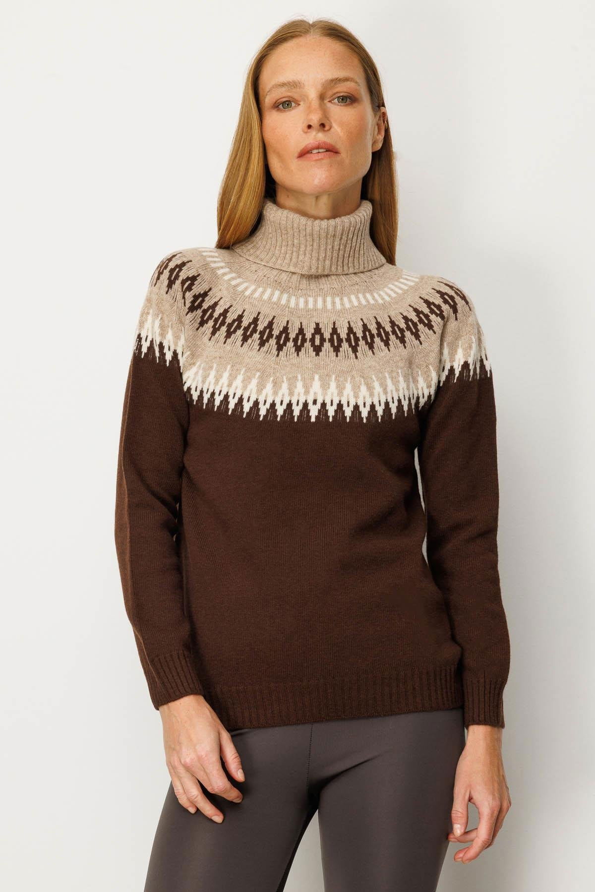 Desen Triko Kadın Tam Balıkçı Yaka Robası Baklavalı Yün Kazak 25219 Kahverengi - 3