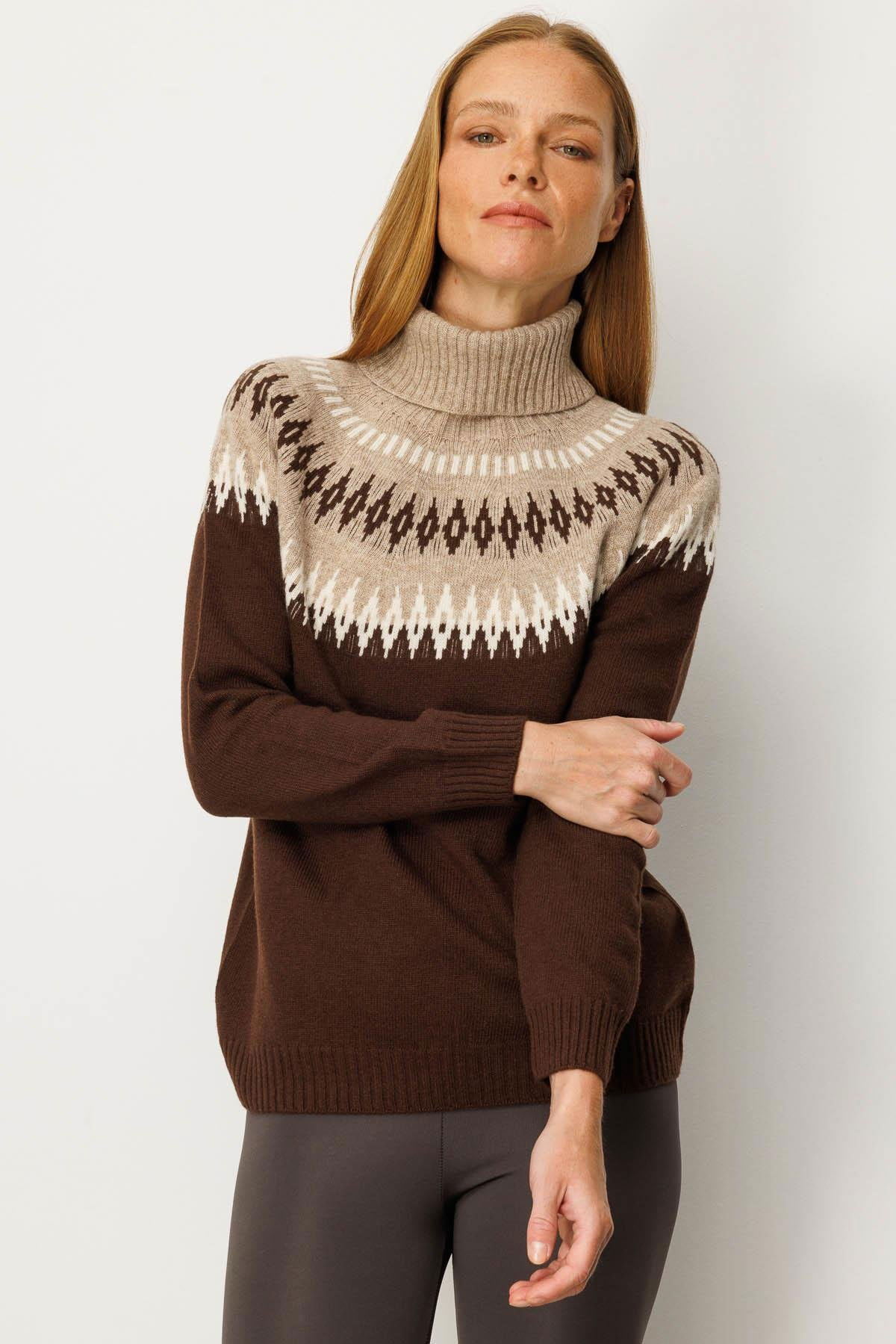 Desen Triko Kadın Tam Balıkçı Yaka Robası Baklavalı Yün Kazak 25219 Kahverengi - 4