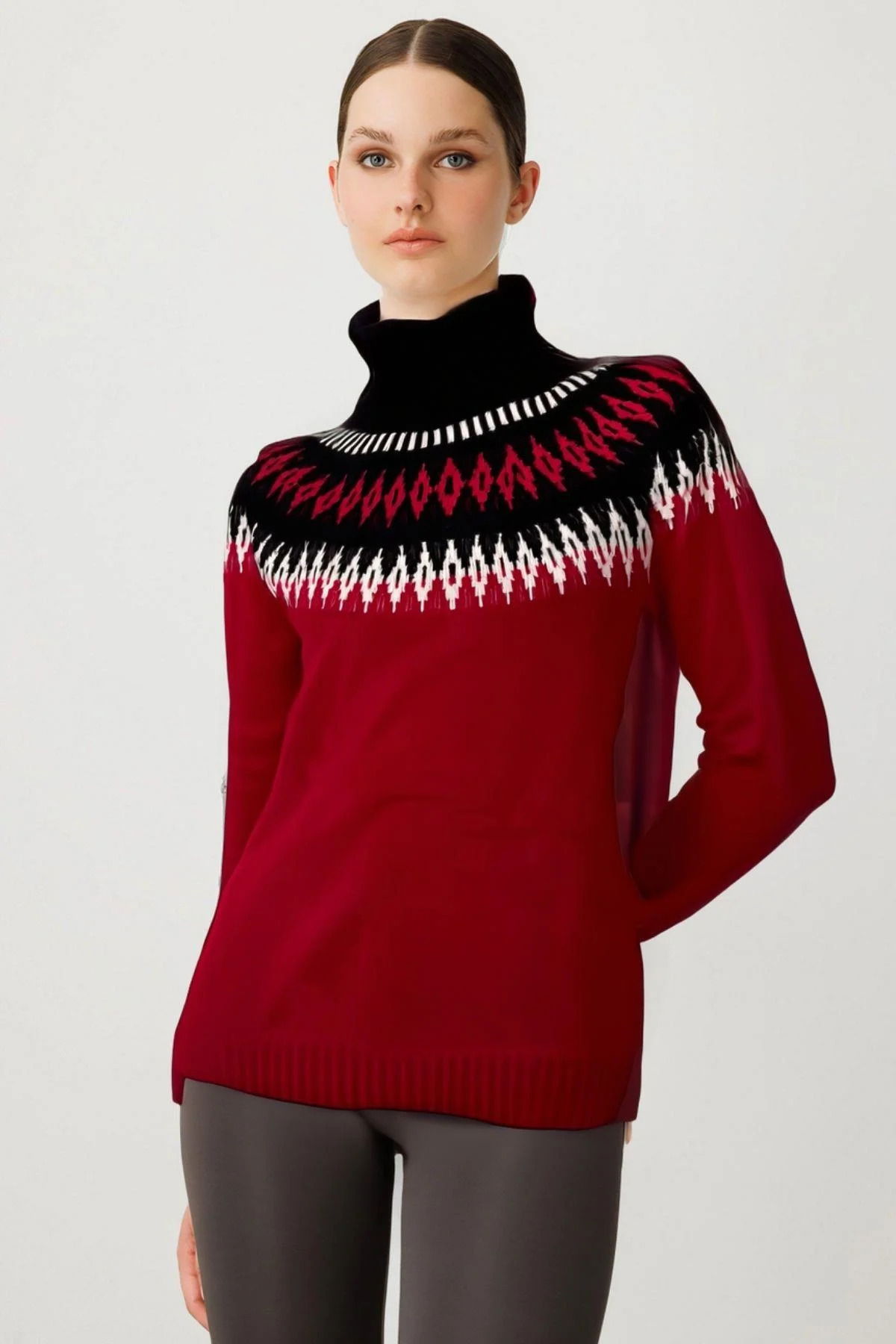 Desen Triko Kadın Tam Balıkçı Yaka Robası Baklavalı Yün Kazak 25219 K.Kırmızı - 1