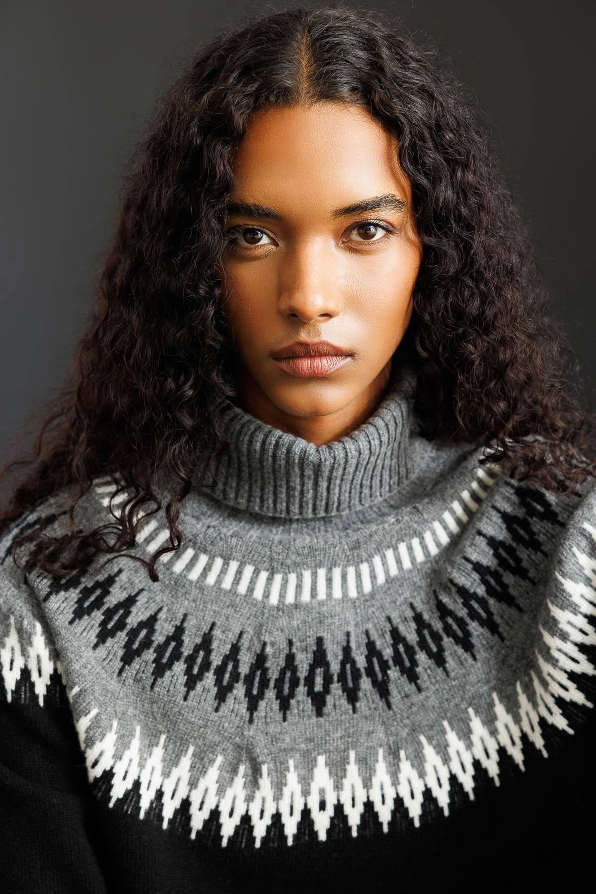 Desen Triko Kadın Tam Balıkçı Yaka Robası Baklavalı Yün Kazak 25219 Siyah - 2