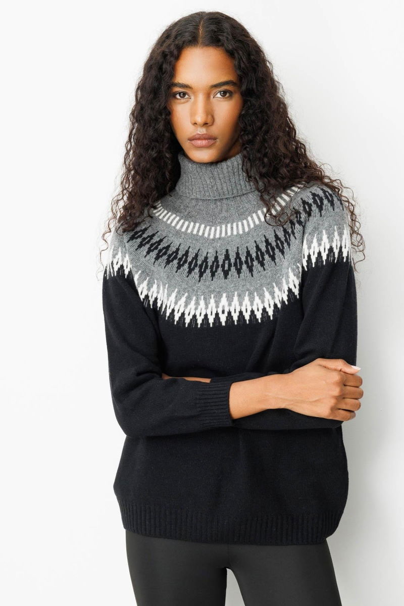 Desen Triko Kadın Tam Balıkçı Yaka Robası Baklavalı Yün Kazak 25219 Siyah - 3