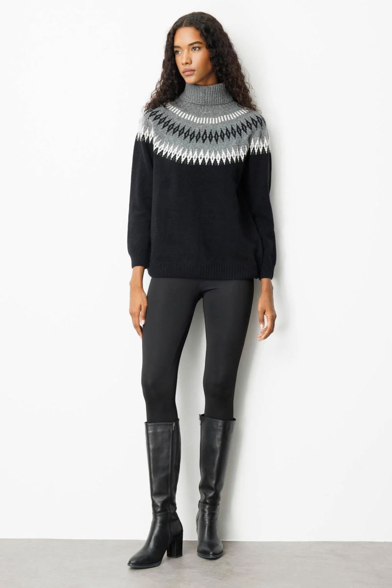 Desen Triko Kadın Tam Balıkçı Yaka Robası Baklavalı Yün Kazak 25219 Siyah - 4