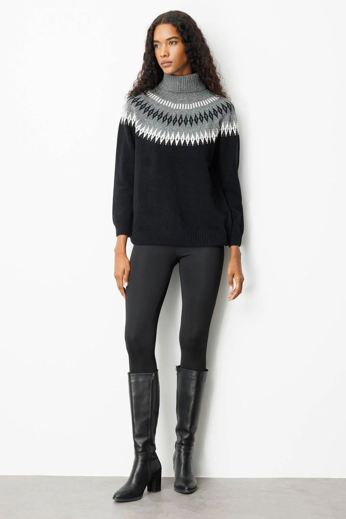 Desen Triko Kadın Tam Balıkçı Yaka Robası Baklavalı Yün Kazak 25219 Siyah - 4