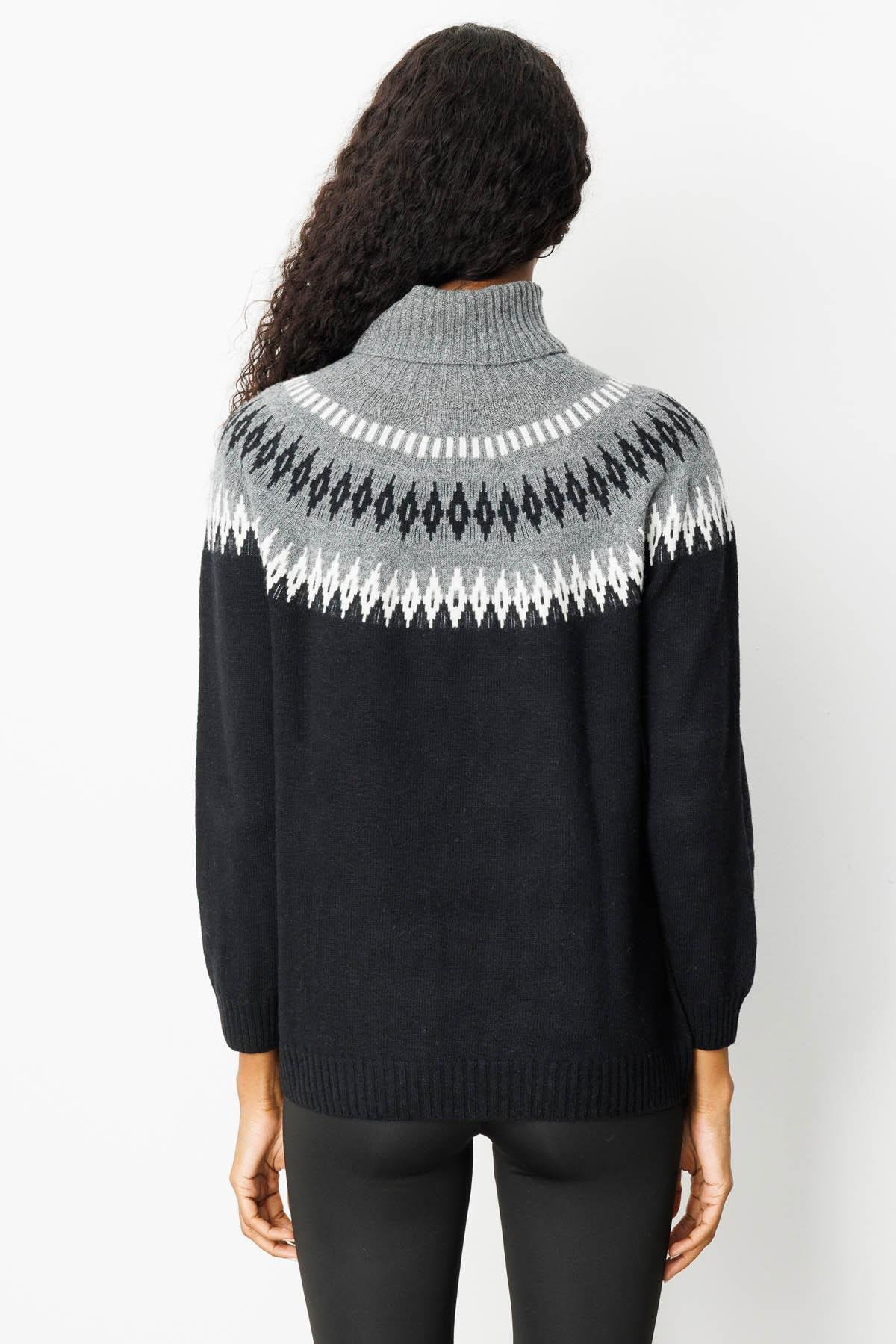 Desen Triko Kadın Tam Balıkçı Yaka Robası Baklavalı Yün Kazak 25219 Siyah - 5