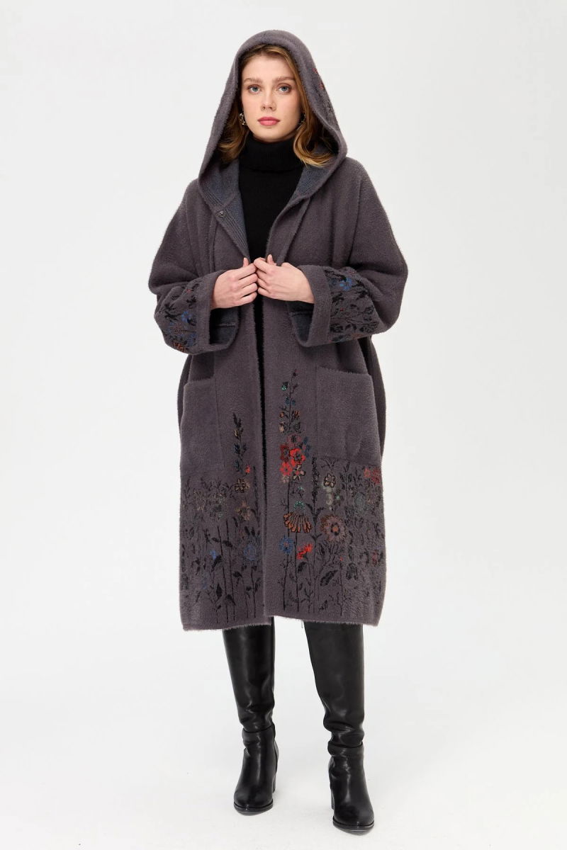 Desen Triko Kadın Triko Kırçiçeği Desenli Afrodit Panço 23065 Antrasit - Desen Triko