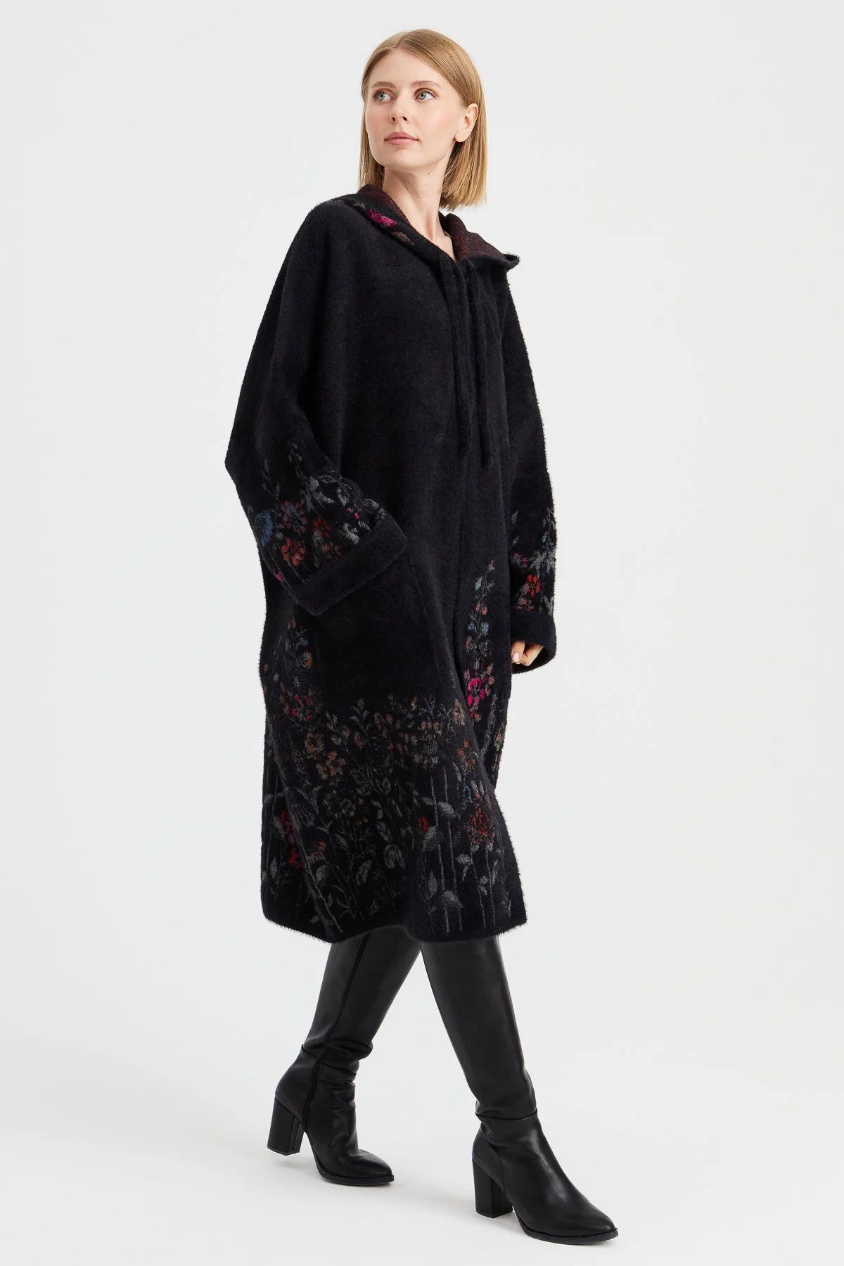 Desen Triko Kadın Triko Kırçiçeği Desenli Afrodit Panço 23065 Siyah - 2