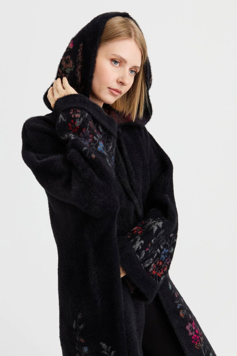 Desen Triko Kadın Triko Kırçiçeği Desenli Afrodit Panço 23065 Siyah - 3