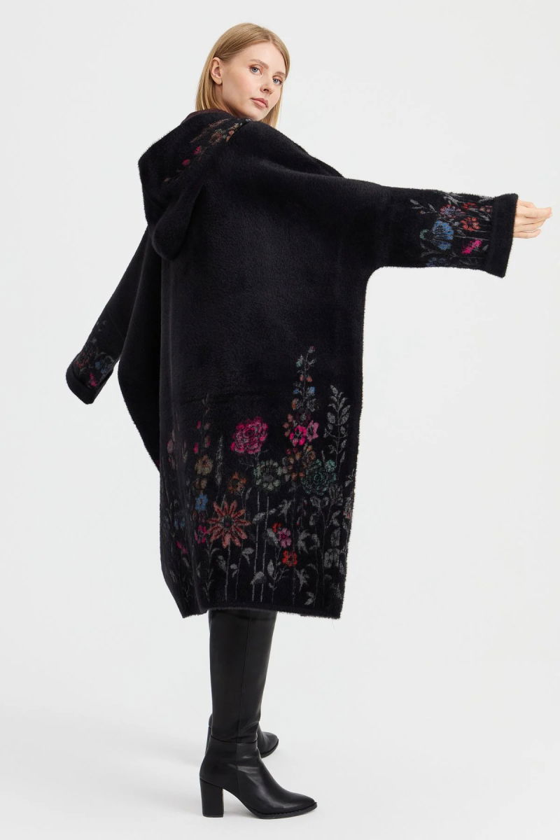 Desen Triko Kadın Triko Kırçiçeği Desenli Afrodit Panço 23065 Siyah - 4